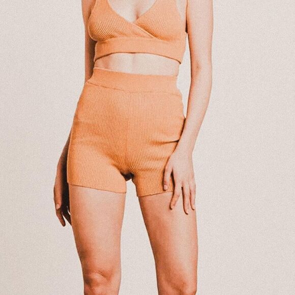 NEW Bare Charlie Holiday Caramel Tan organic cotton ribbed knit Bike Shorts S - Picture 1 of 8